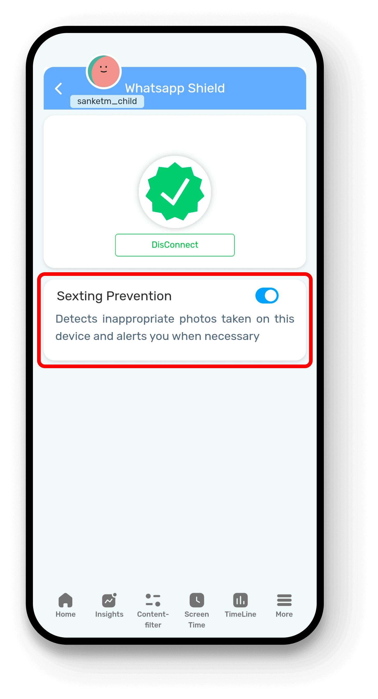 Successfully connected WhatsApp Shield on KidsNanny