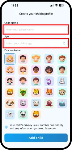 Enter child name, age and select avtar
