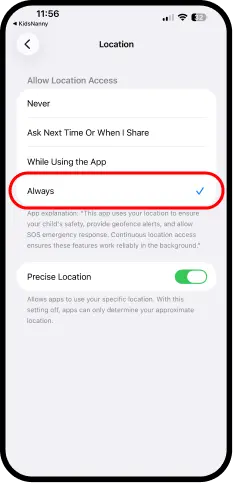 Location permission select always allow