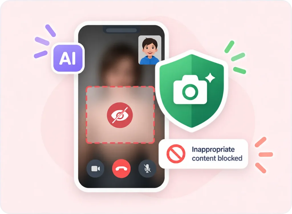 KidsNanny Camera Shield blocking inappropriate content during a child's video call