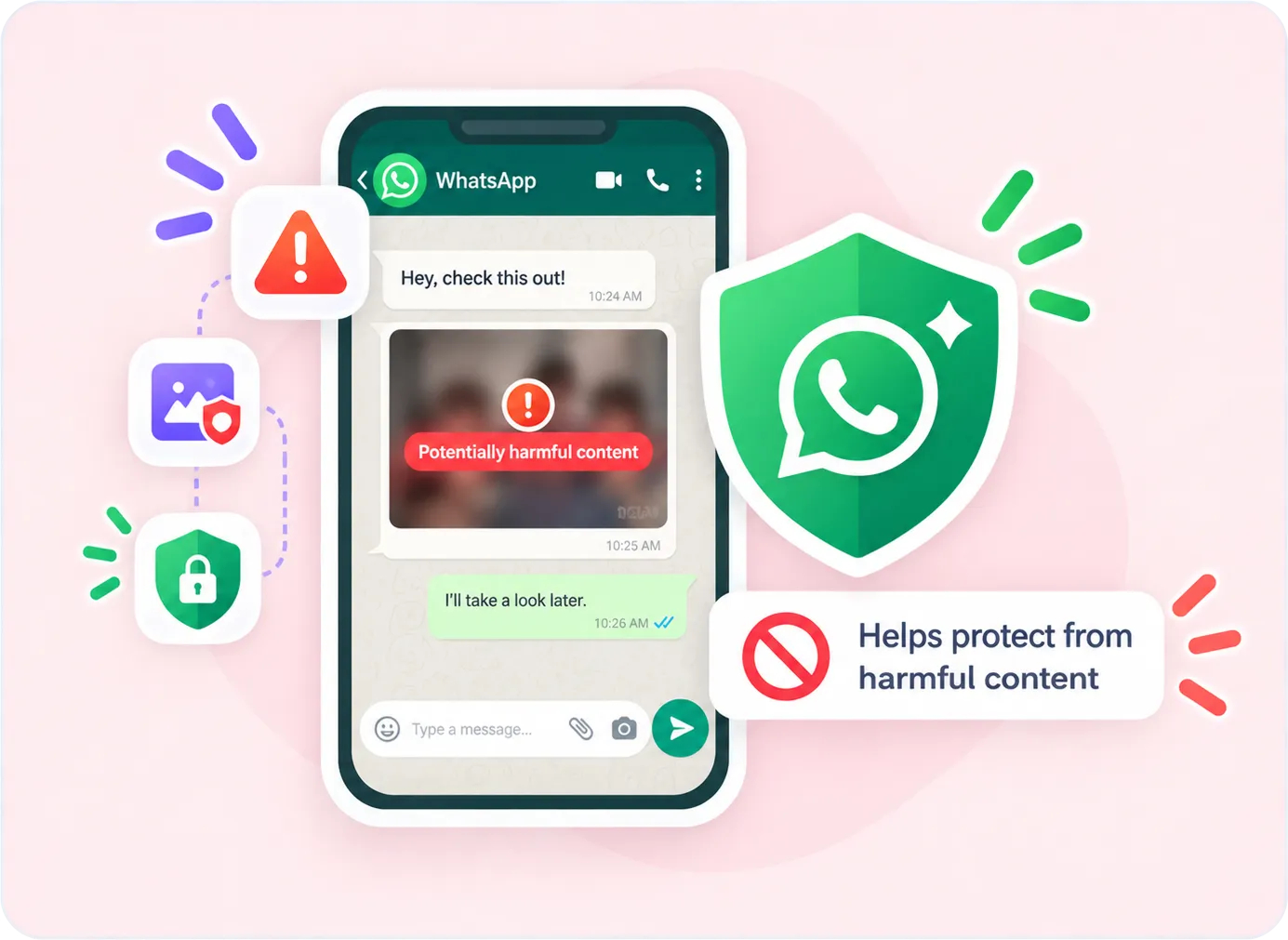 KidsNanny WhatsApp Shield blocking a harmful message and nude image in a child's chat