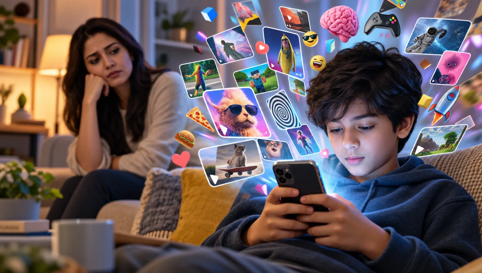 Child using a smartphone while a parent observes as surreal online content and short-form videos fill the screen