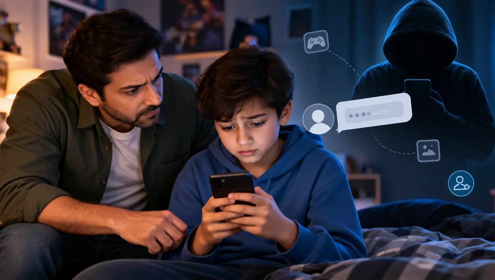 Parent helping child respond to an unexpected message from a stranger online