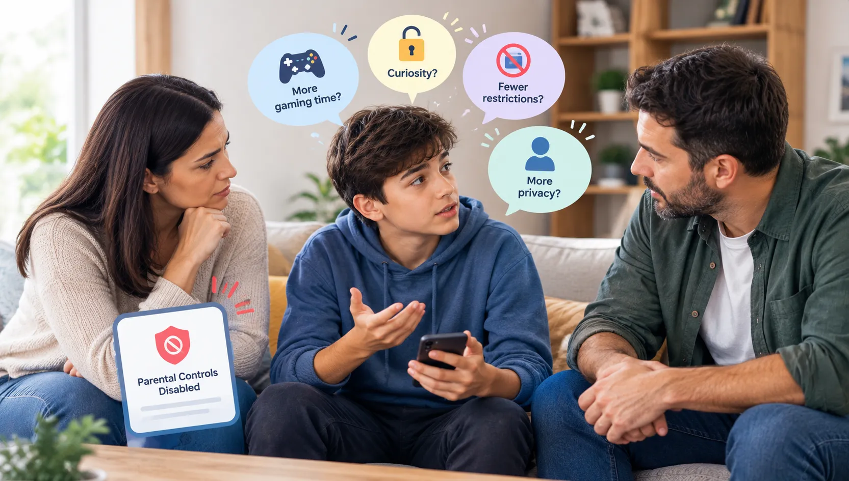 Parents discussing with their teenager why parental controls were disabled and how to stay safe online.