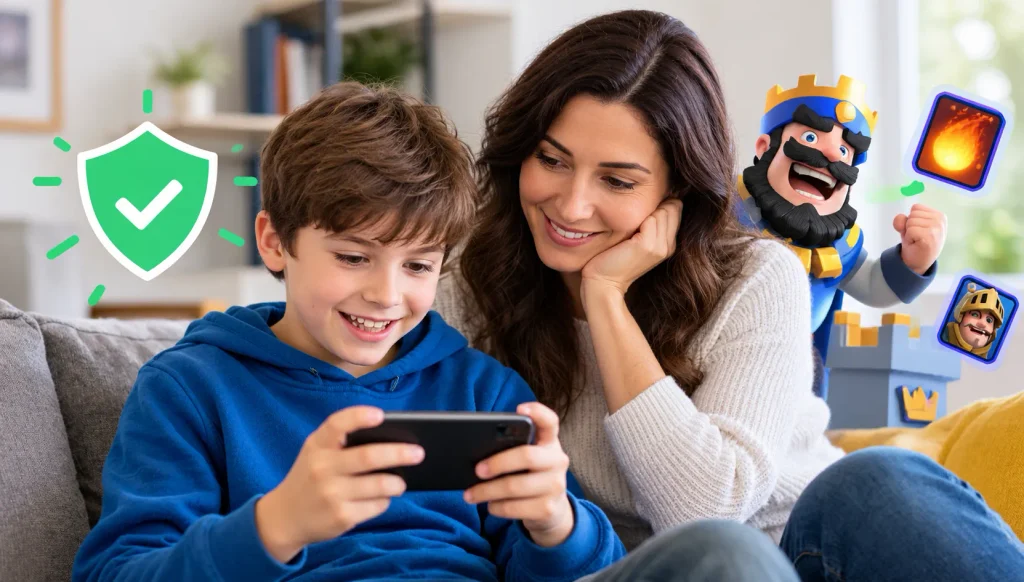 Parent and child playing Clash Royale on a smartphone while discussing safe mobile gaming and parental supervision.