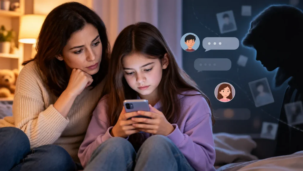 Parent talking with child about an online friendship and digital safety