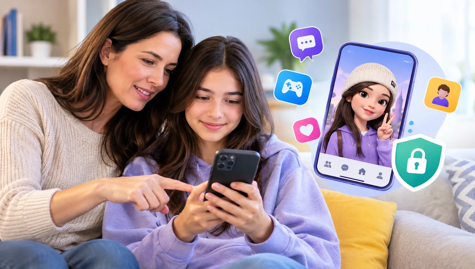 Parent and teenager discussing online safety while exploring a 3D avatar app